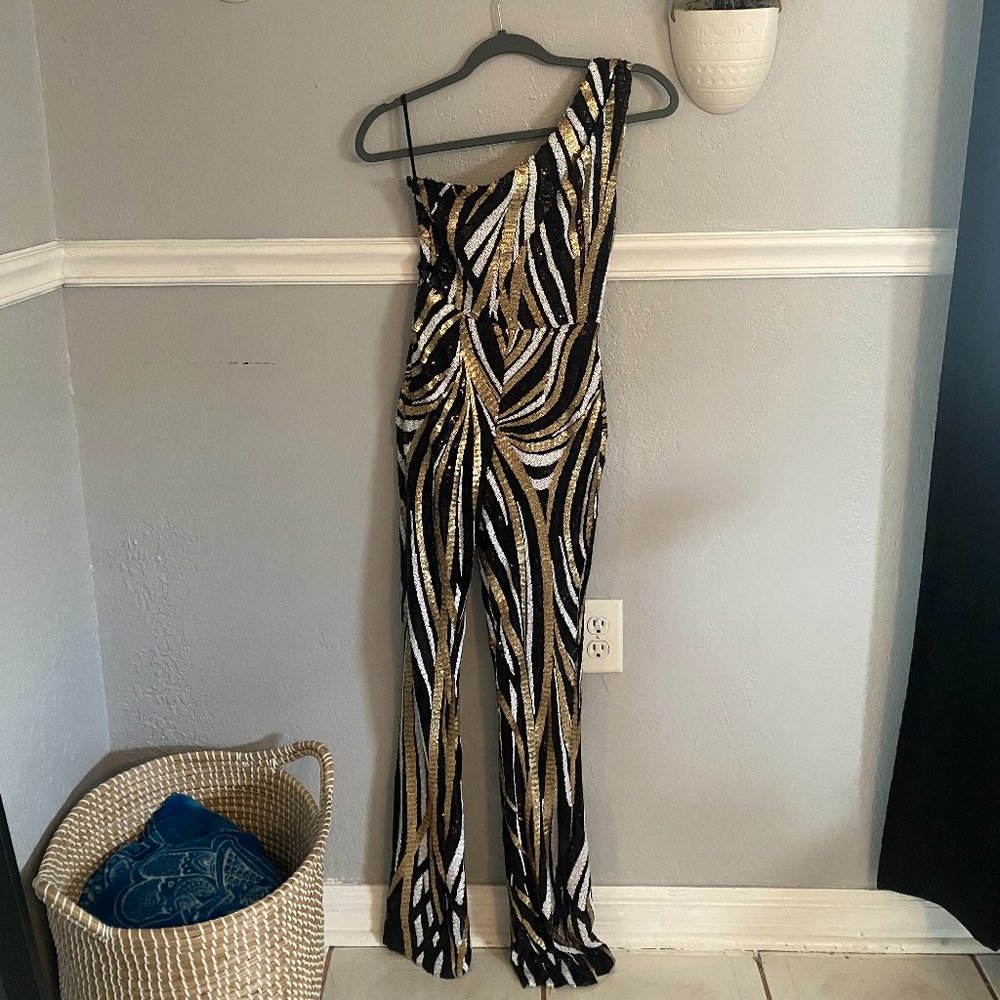 Boohoo One Shoulder Abstract Sequin Jumpsuit